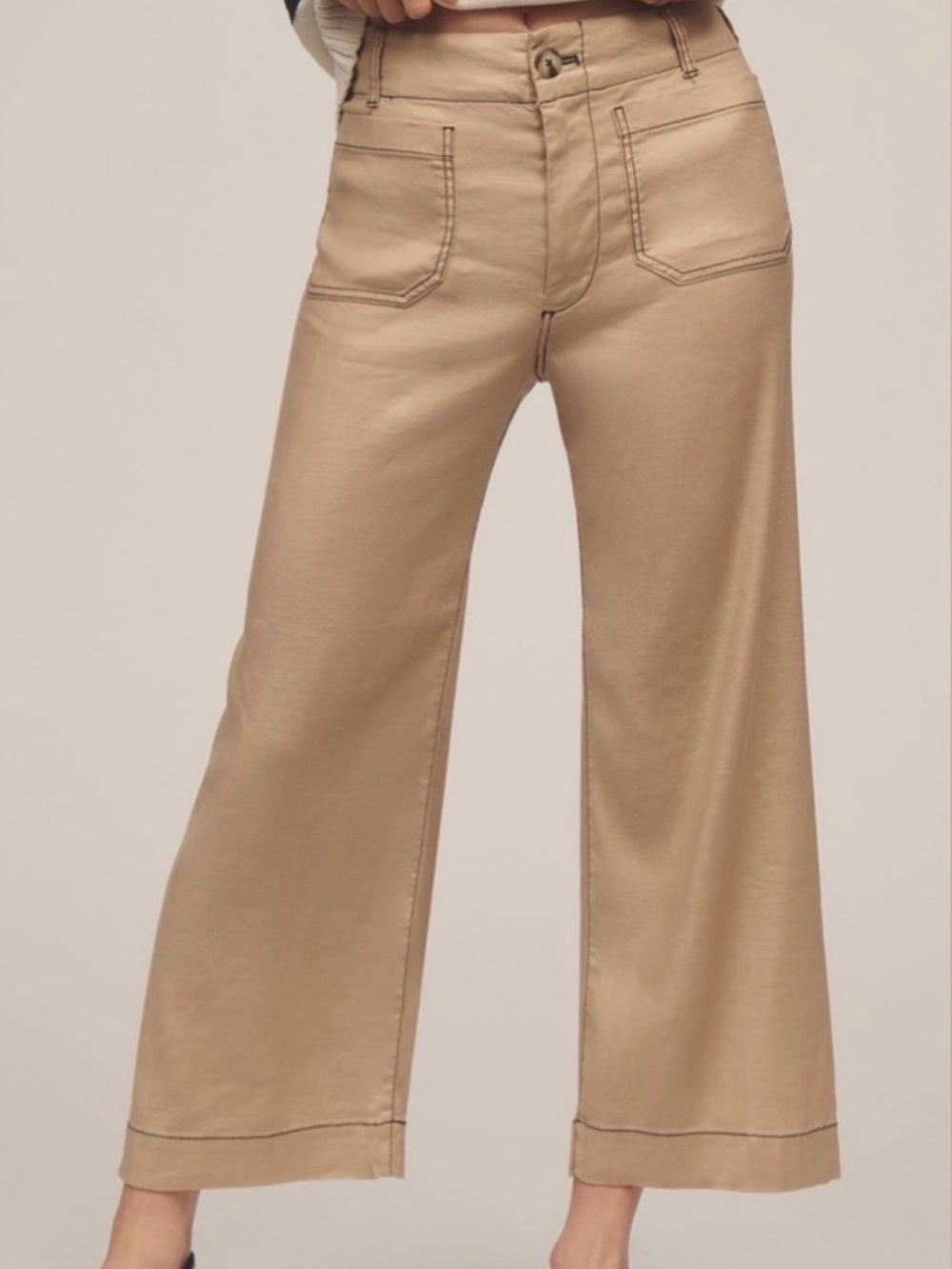 Maeve The Colette Contrast-Stitch Linen Crop Wide Leg Pants Khaki Size 27